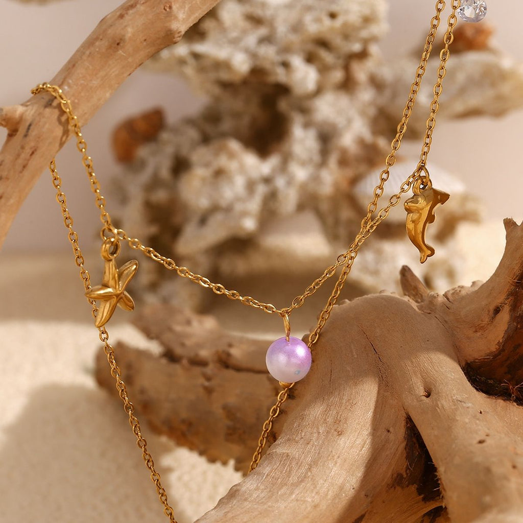 Beach Star Dolphin Fish Cubic Zirconia Pearl White 18K Gold Stainless Steel Anti Tarnish Link Chain Charm Necklace For Women