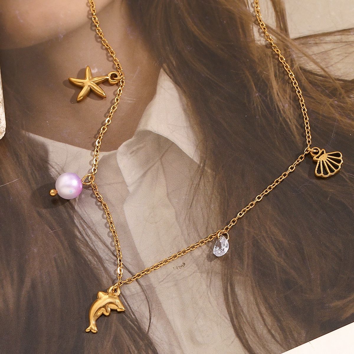 Beach Star Dolphin Fish Cubic Zirconia Pearl White 18K Gold Stainless Steel Anti Tarnish Link Chain Charm Necklace For Women Secondary image