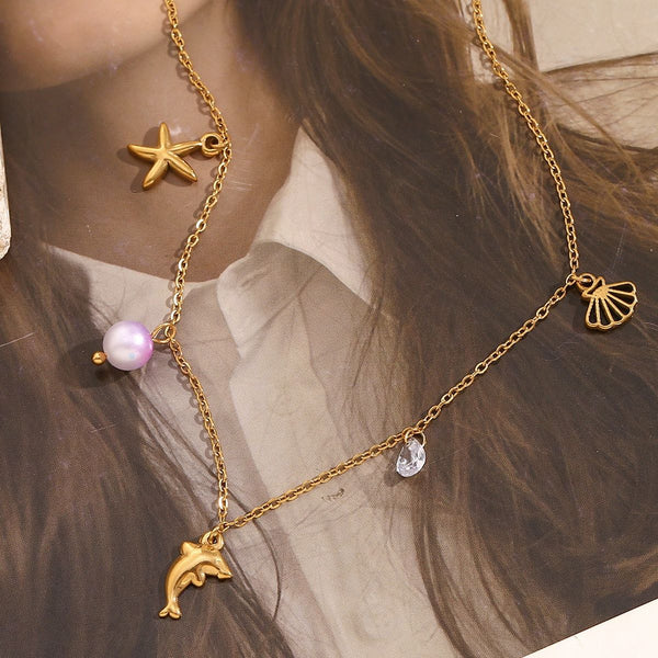 Beach Star Dolphin Fish Cubic Zirconia Pearl White 18K Gold Stainless Steel Anti Tarnish Link Chain Charm Necklace For Women Secondary image