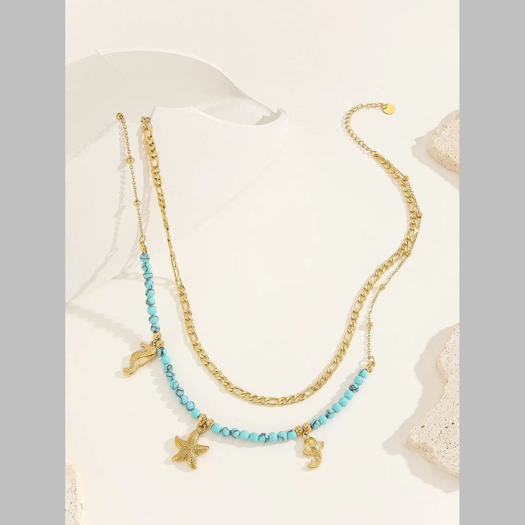 Beach Sea Horse Star Fish Beads Green 18K Gold Stainless Steel Anti Tarnish Dual Layer Necklace For Women