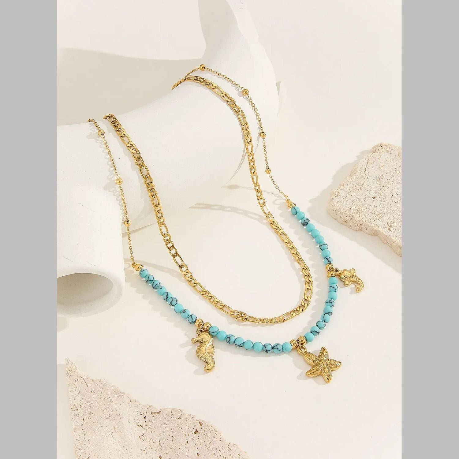 Beach Sea Horse Star Fish Beads Green 18K Gold Stainless Steel Anti Tarnish Dual Layer Necklace For Women Main image