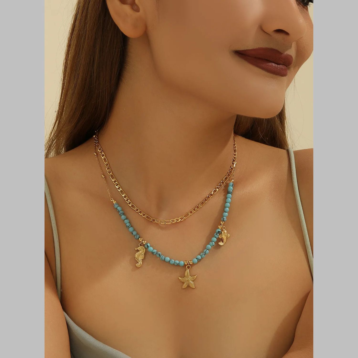 Beach Sea Horse Star Fish Beads Green 18K Gold Stainless Steel Anti Tarnish Dual Layer Necklace For Women Secondary image