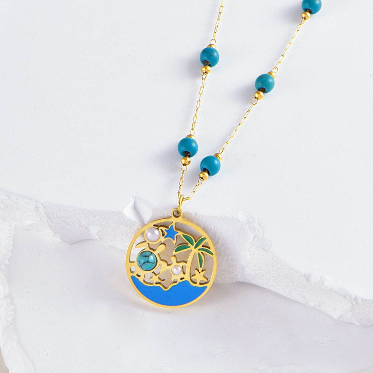 Beach Palm Tree Beads Pearl Green 18K Gold Stainless Steel Anti Tarnish Necklace For Women Main image