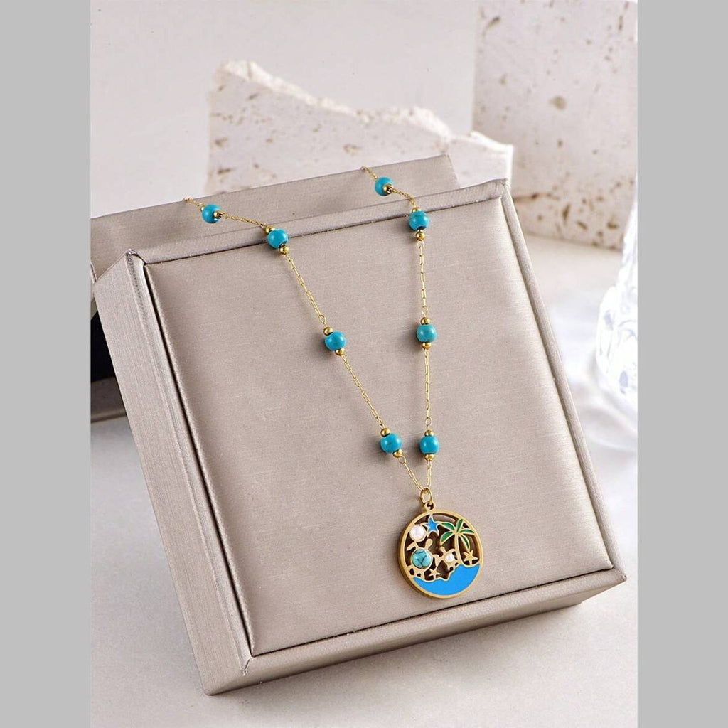 Beach Palm Tree Beads Pearl Green 18K Gold Stainless Steel Anti Tarnish Necklace For Women