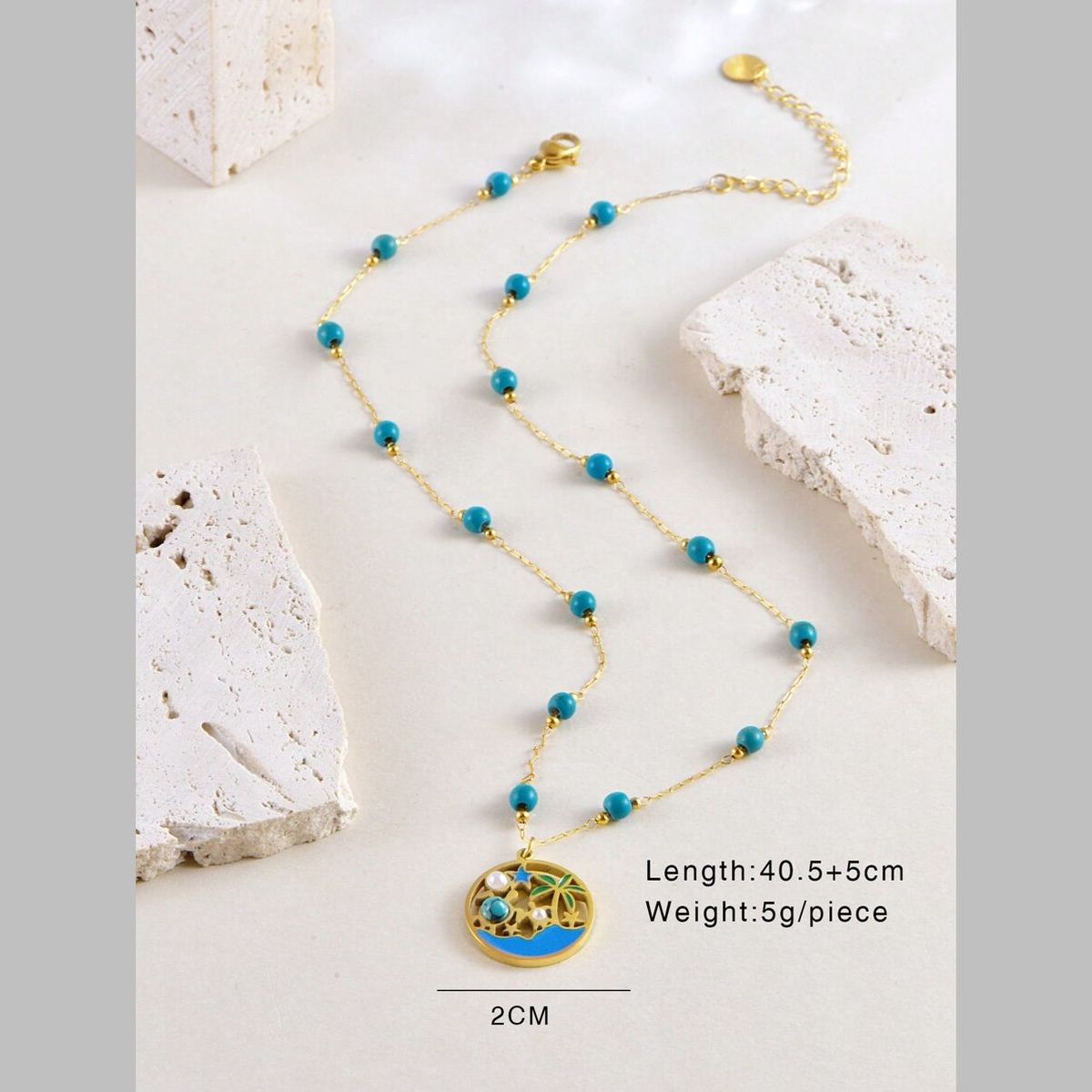 Beach Palm Tree Beads Pearl Green 18K Gold Stainless Steel Anti Tarnish Necklace For Women