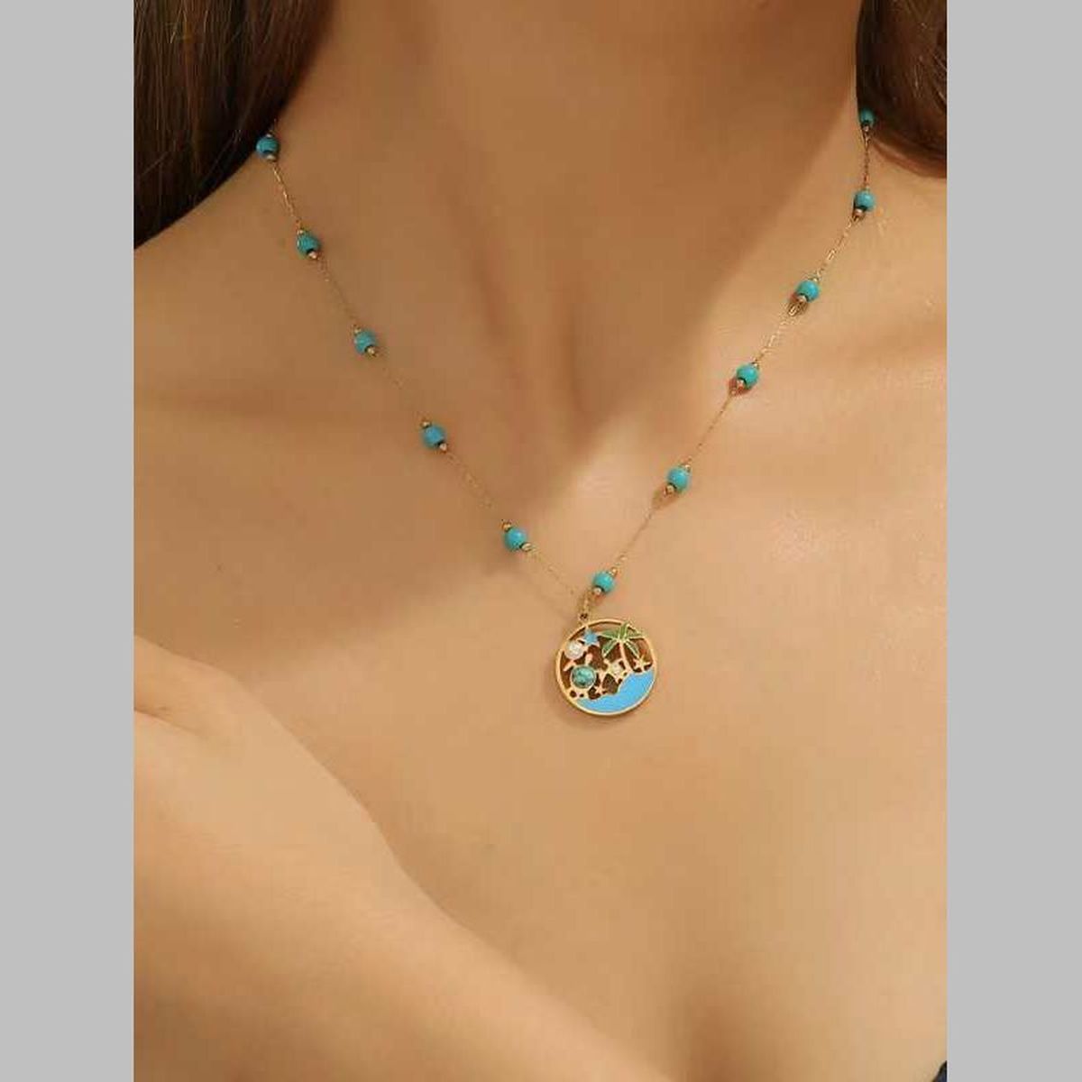 Beach Palm Tree Beads Pearl Green 18K Gold Stainless Steel Anti Tarnish Necklace For Women Secondary image