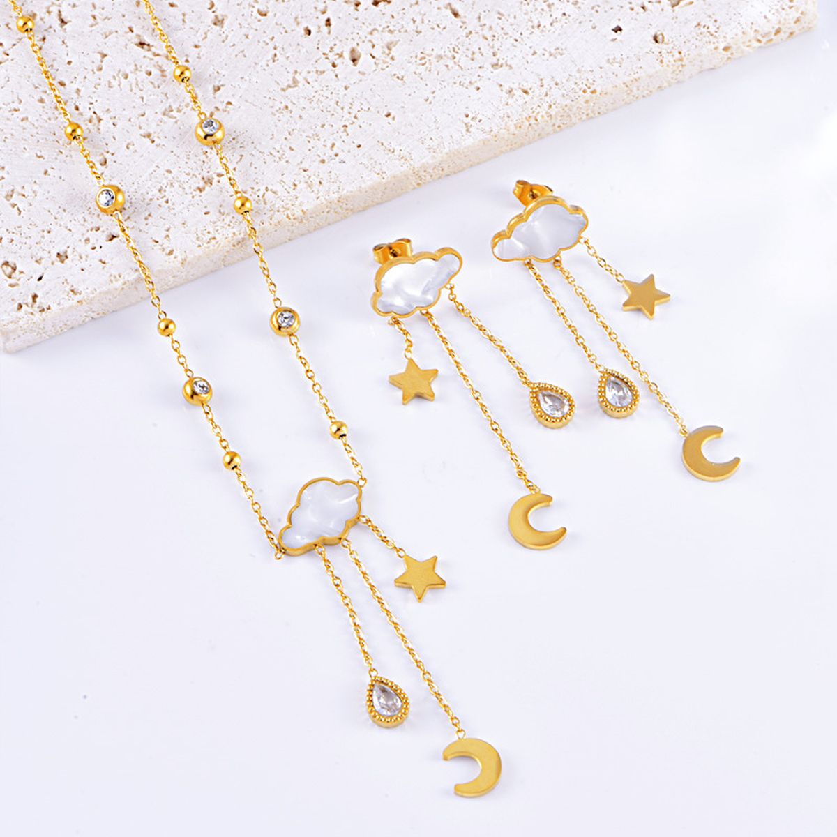 Crescent Star Cloud Cubic Zirconia Mother Of Pearl White 18K Gold Stainless Steel Anti Tarnish Necklace Earring Set For Women Main image