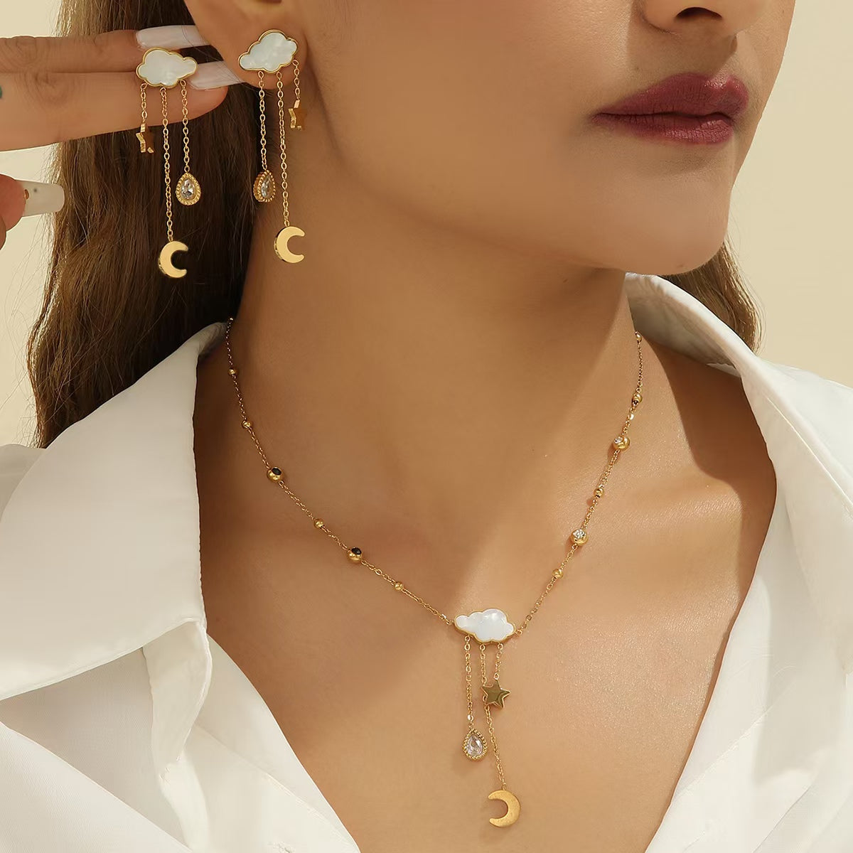Crescent Star Cloud Cubic Zirconia Mother Of Pearl White 18K Gold Stainless Steel Anti Tarnish Necklace Earring Set For Women Secondary image