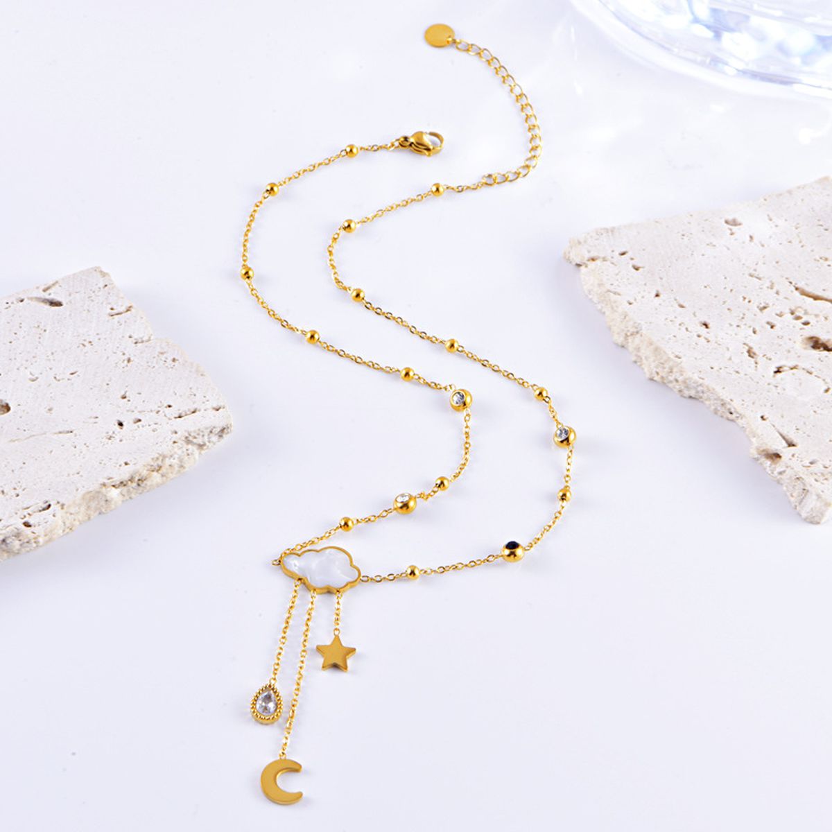 Crescent Star Cloud Cubic Zirconia Mother Of Pearl White 18K Gold Stainless Steel Anti Tarnish Necklace Earring Set For Women