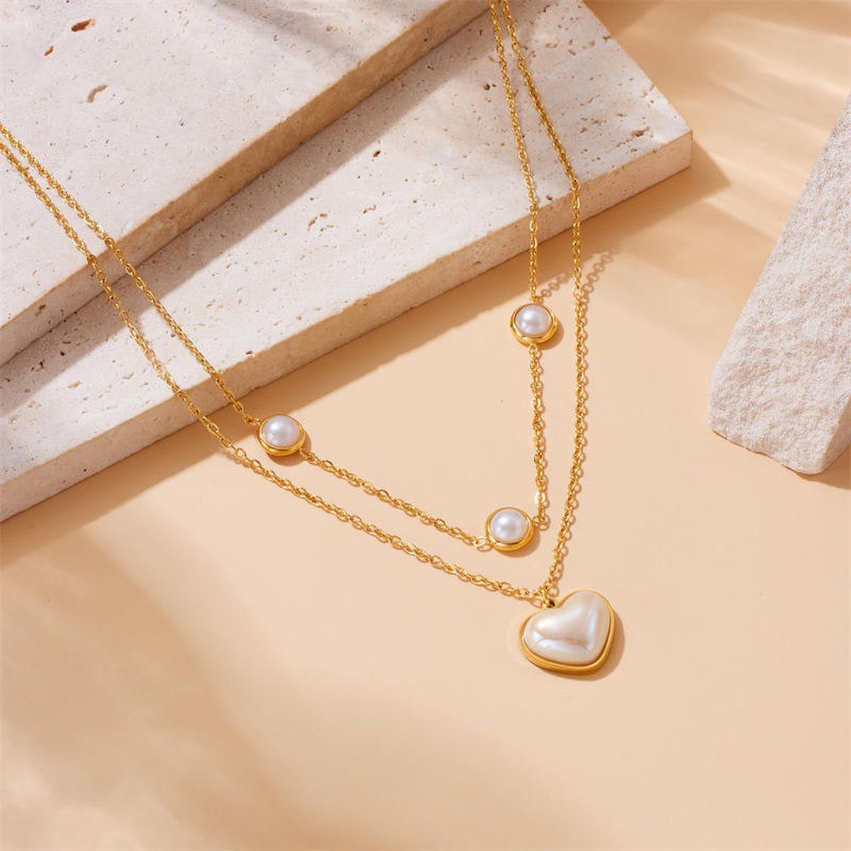 Heart Pearl White 18K Gold Stainless Steel Anti Tarnish Dual Layer Necklace For Women Main image