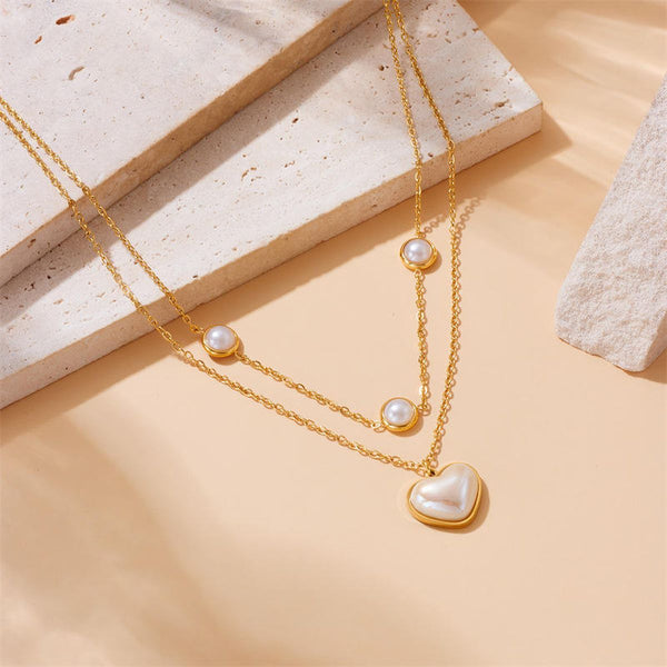 Heart Pearl White 18K Gold Stainless Steel Anti Tarnish Dual Layer Necklace For Women Main image