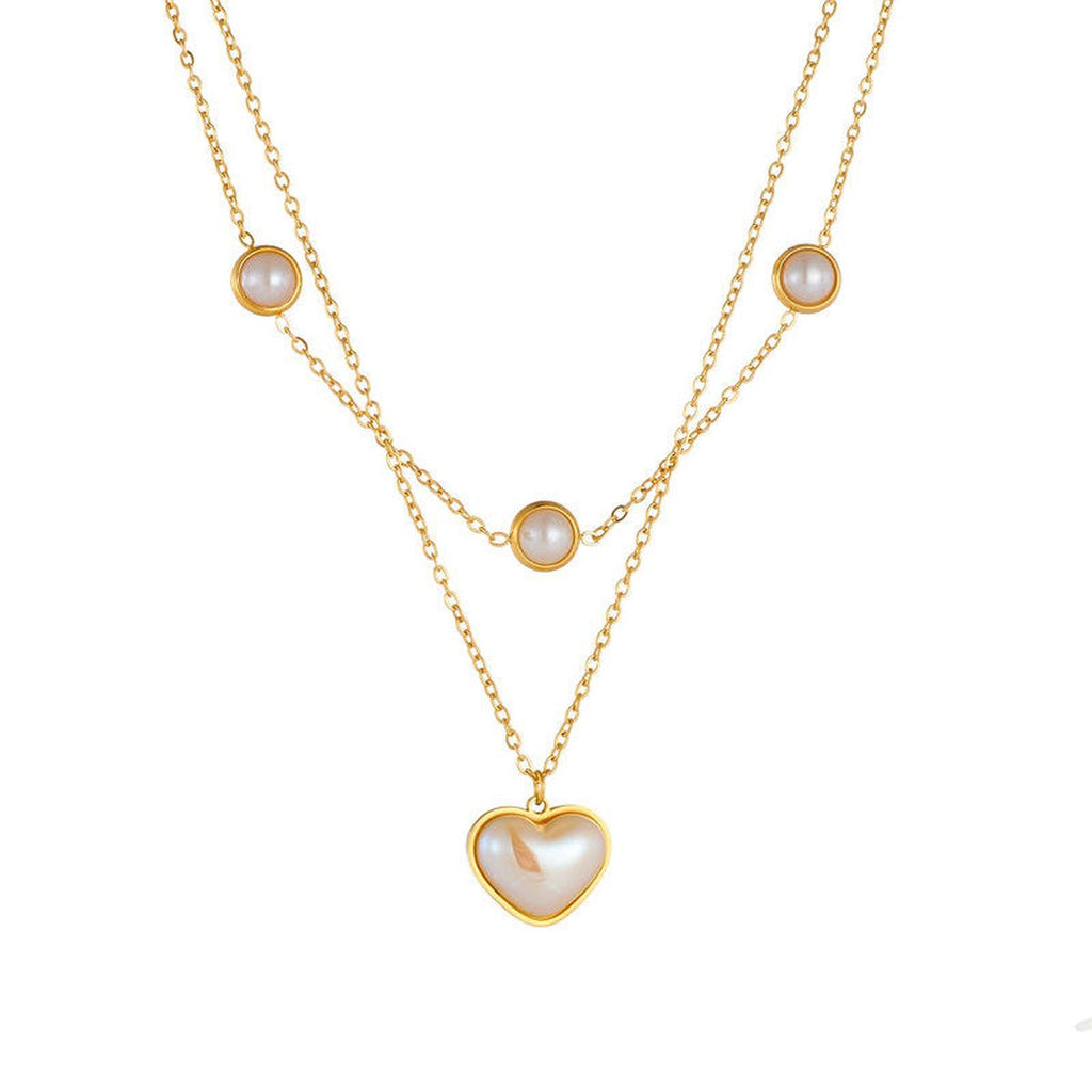 Heart Pearl White 18K Gold Stainless Steel Anti Tarnish Dual Layer Necklace For Women