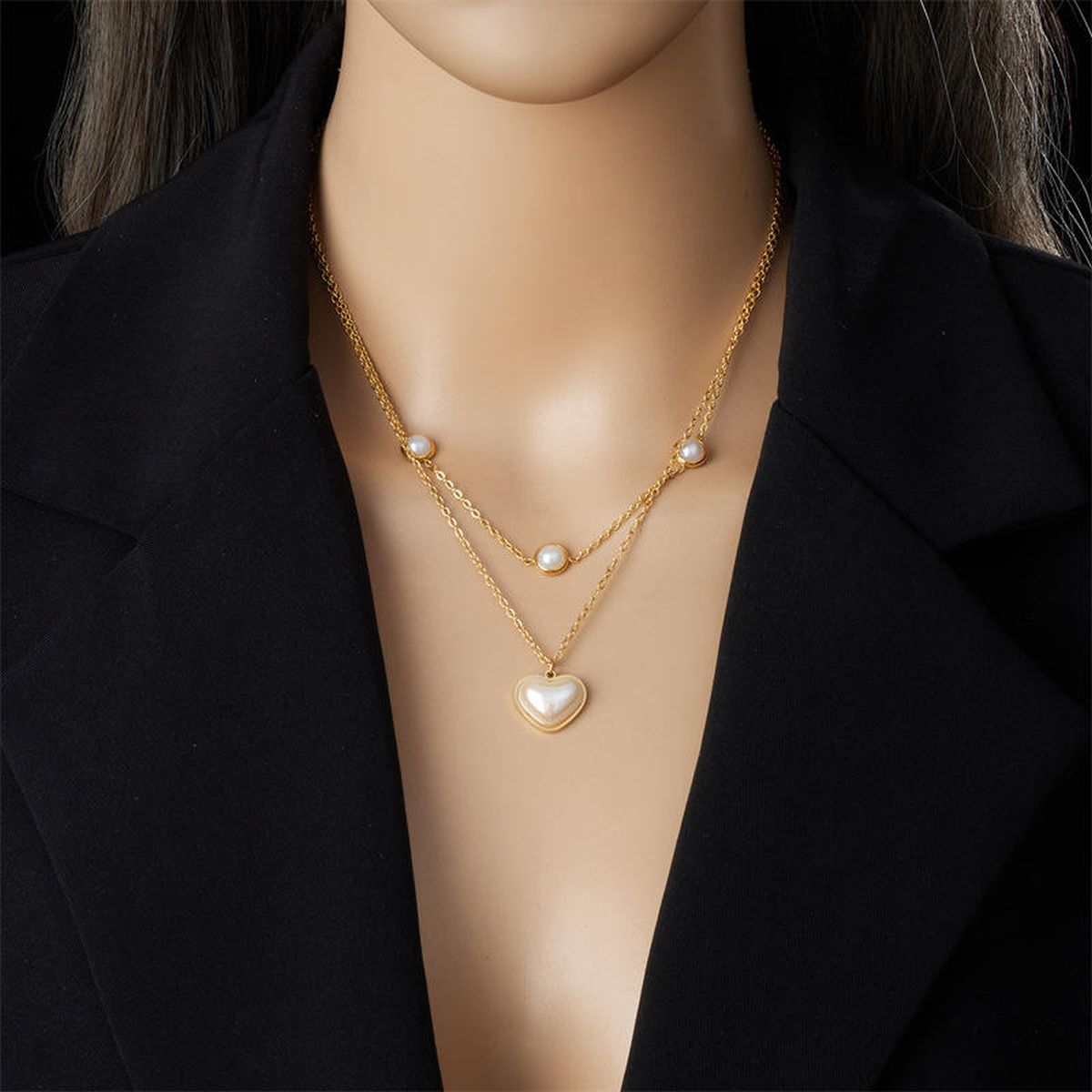 Heart Pearl White 18K Gold Stainless Steel Anti Tarnish Dual Layer Necklace For Women Secondary image