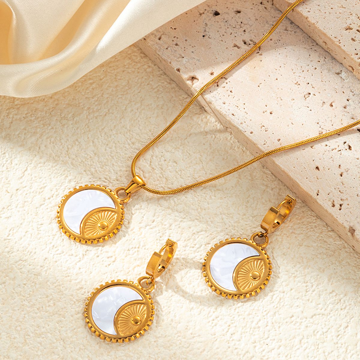 Moon Sun Mother Of Pearl White 18K Gold Stainless Steel Anti Tarnish Snake Pendant Chain Earring Set For Women Main image