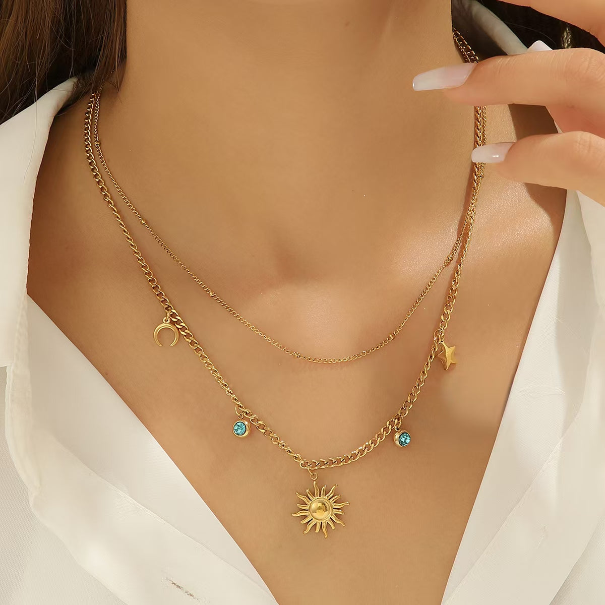 Sun Star Crystal 18K Gold Stainless Steel Anti Tarnish Dual Layer Curb Chain Necklace For Women Main image