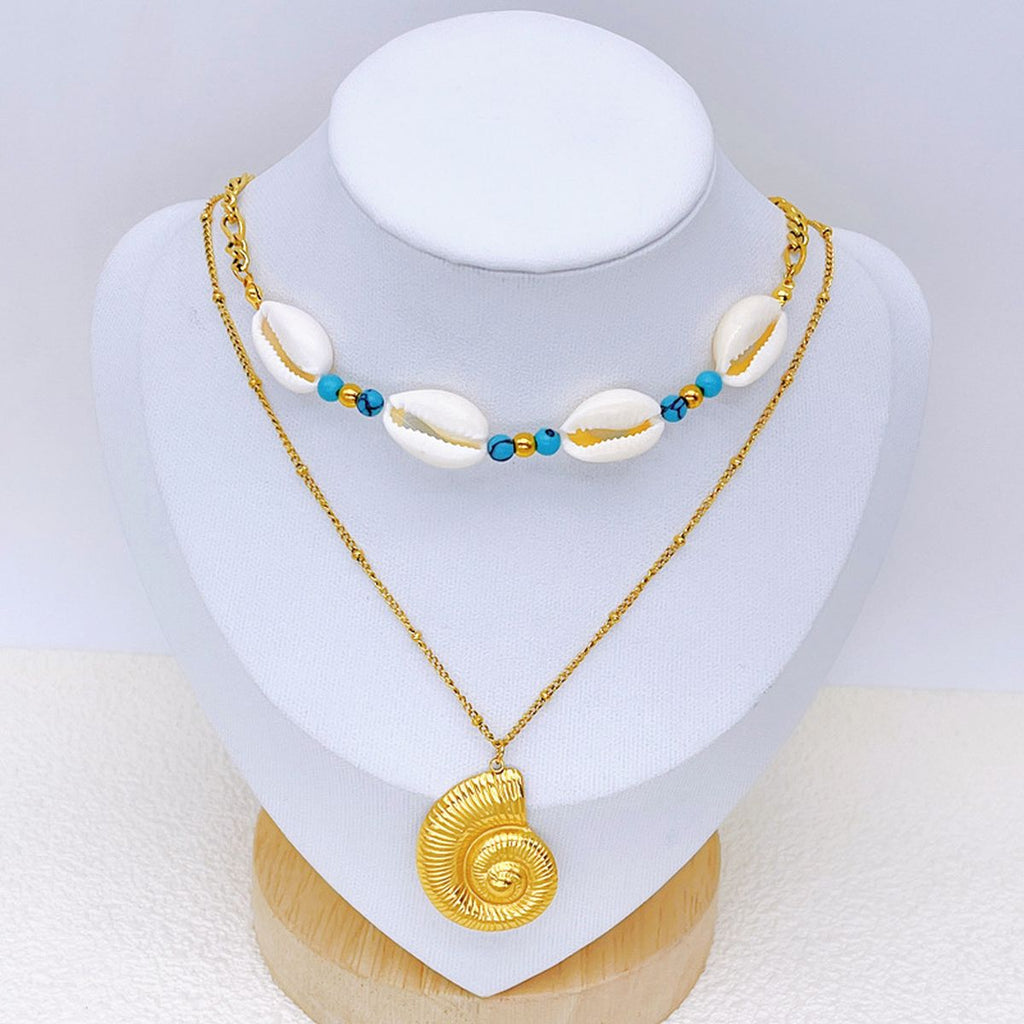 Conch Beads White 18K Gold Stainless Steel Anti Tarnish Dual Layer Necklace For Women