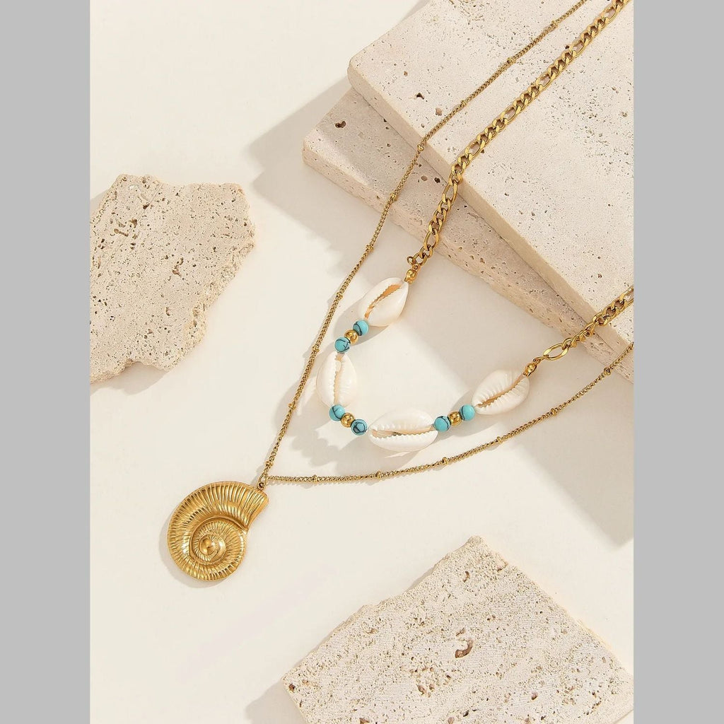 Conch Beads White 18K Gold Stainless Steel Anti Tarnish Dual Layer Necklace For Women