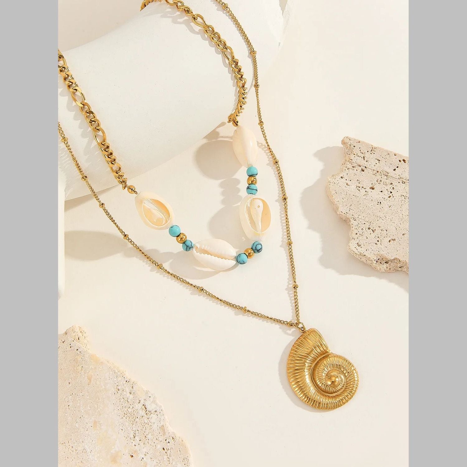 Conch Beads White 18K Gold Stainless Steel Anti Tarnish Dual Layer Necklace For Women Main image
