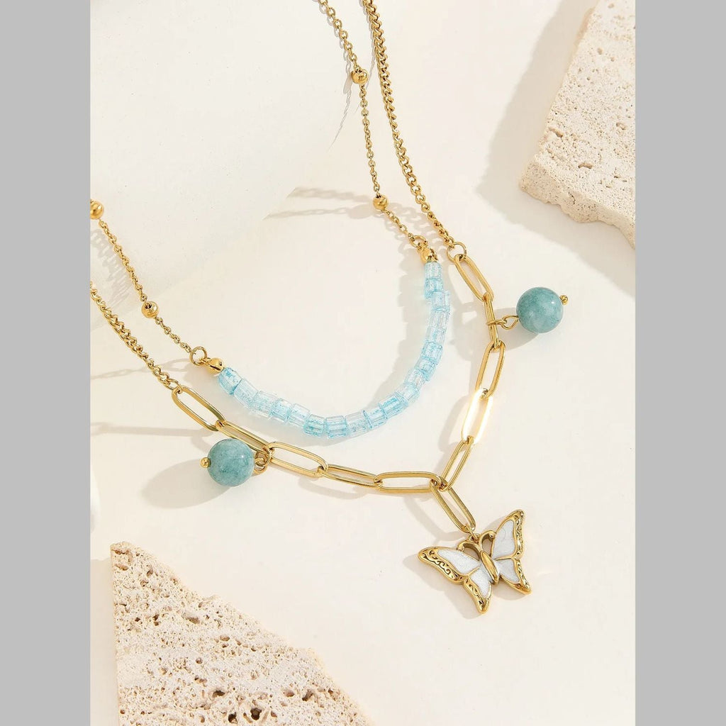 Butterfly Beads Mother Of Pearl Green White 18K Gold Stainless Steel Anti Tarnish Dual Layer Link Chain Necklace For Women
