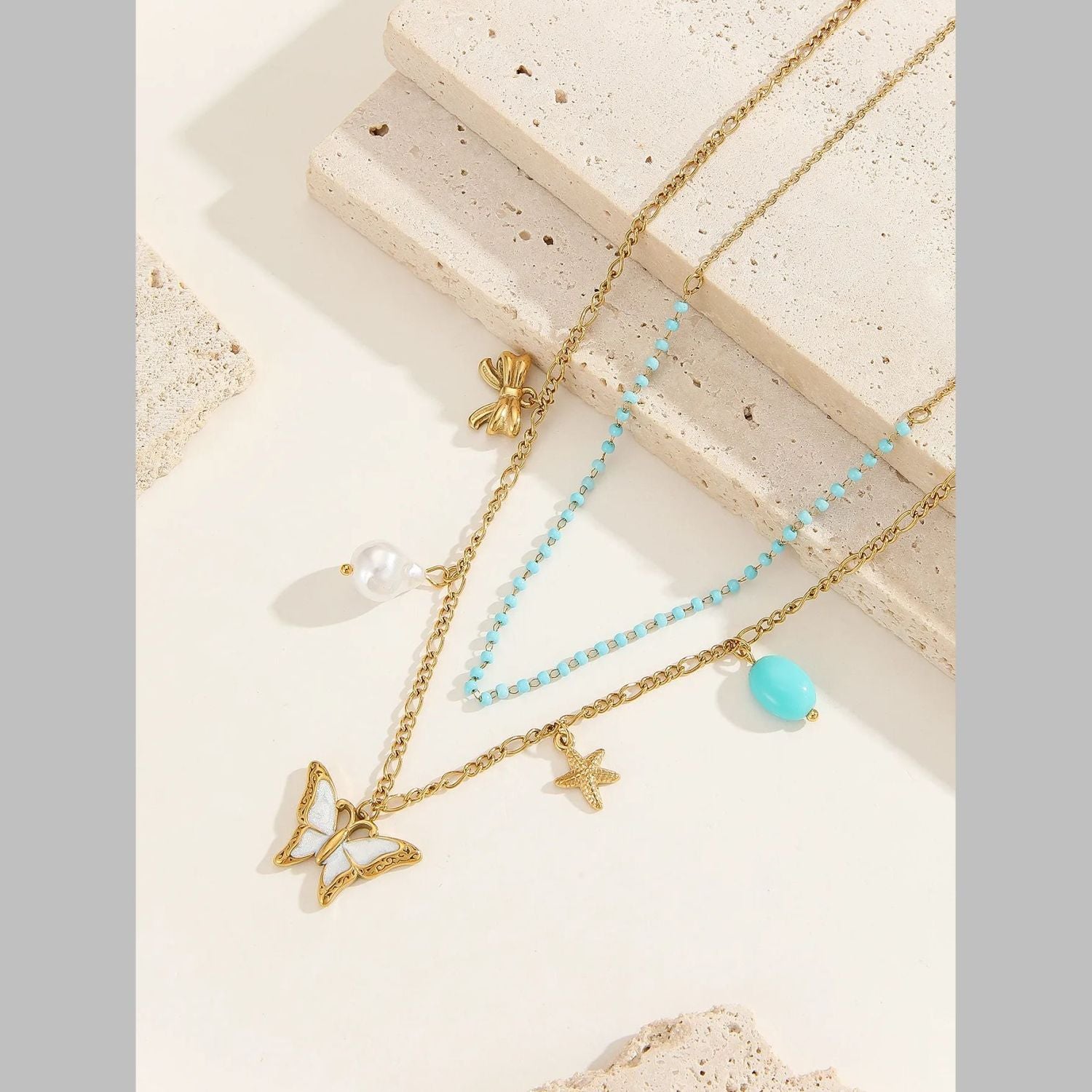 Butterfly Beads Mother Of Pearl Green White 18K Gold Stainless Steel Anti Tarnish Dual Layer Link Chain Necklace For Women