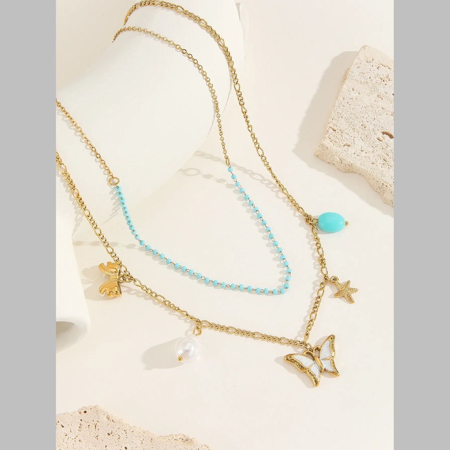 Butterfly Beads Mother Of Pearl Green White 18K Gold Stainless Steel Anti Tarnish Dual Layer Link Chain Necklace For Women Main image