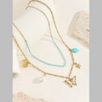 Butterfly Beads Mother Of Pearl Green White 18K Gold Stainless Steel Anti Tarnish Dual Layer Link Chain Necklace For Women