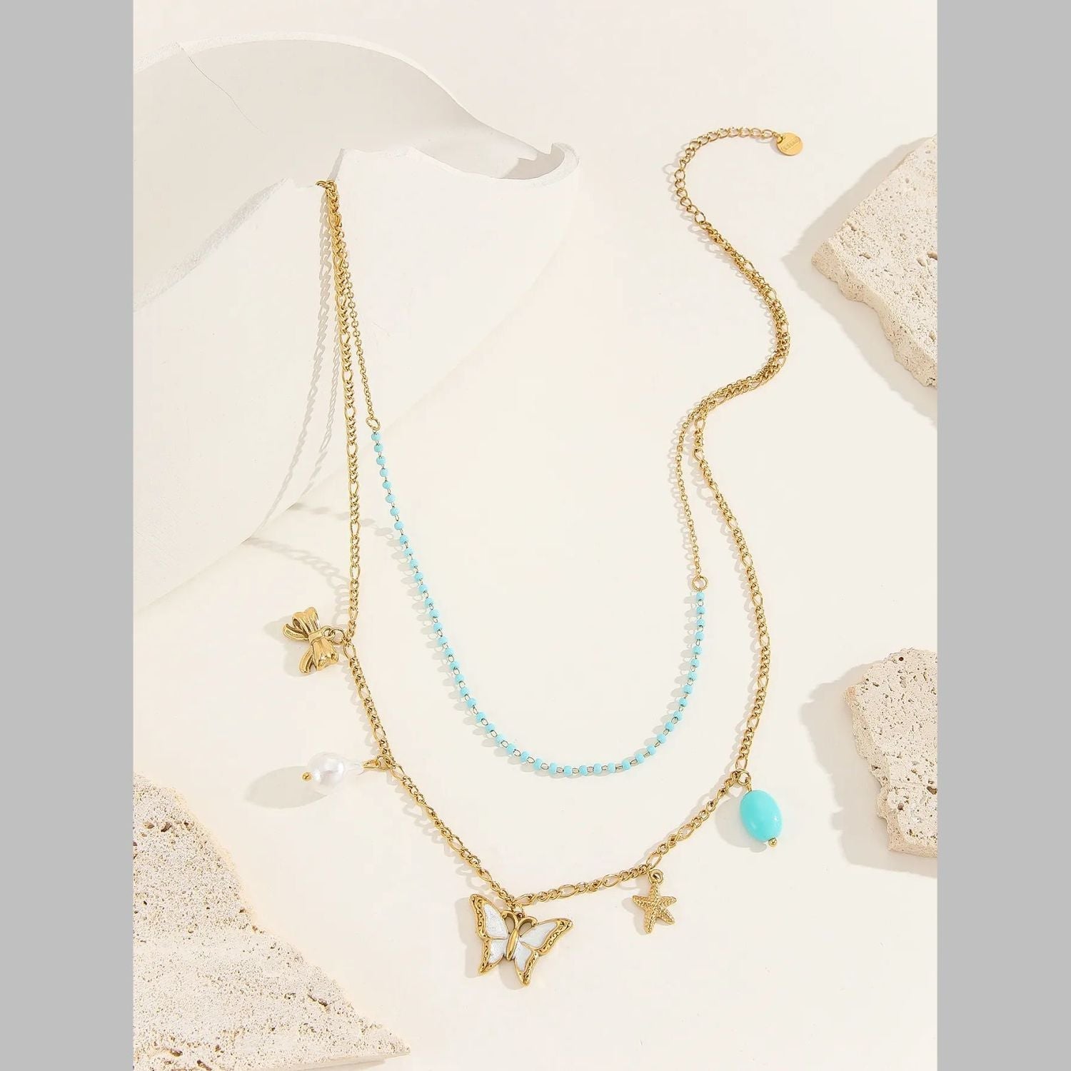 Butterfly Beads Mother Of Pearl Green White 18K Gold Stainless Steel Anti Tarnish Dual Layer Link Chain Necklace For Women
