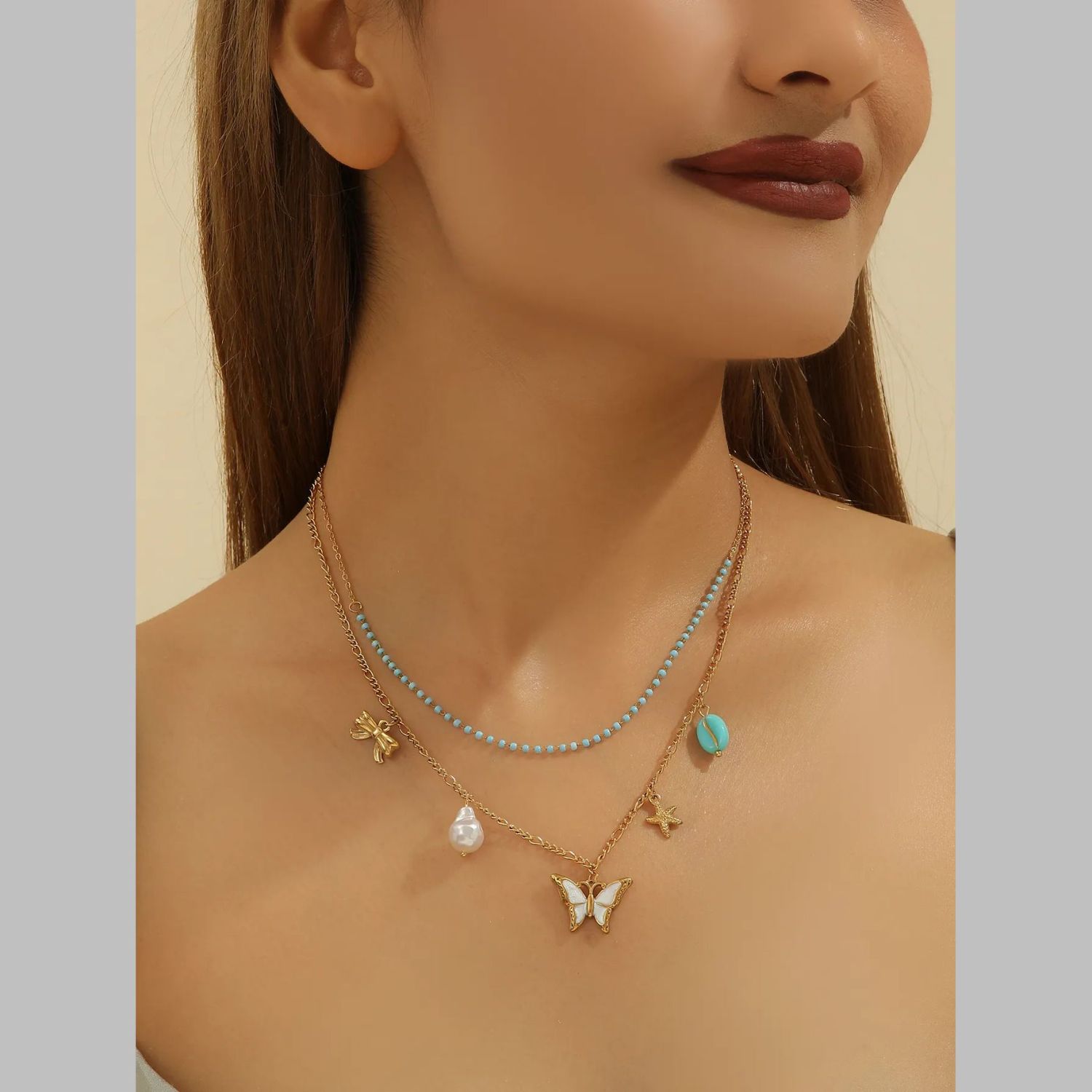 Butterfly Beads Mother Of Pearl Green White 18K Gold Stainless Steel Anti Tarnish Dual Layer Link Chain Necklace For Women Secondary image