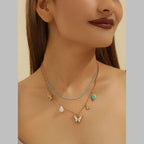 Butterfly Beads Mother Of Pearl Green White 18K Gold Stainless Steel Anti Tarnish Dual Layer Link Chain Necklace For Women