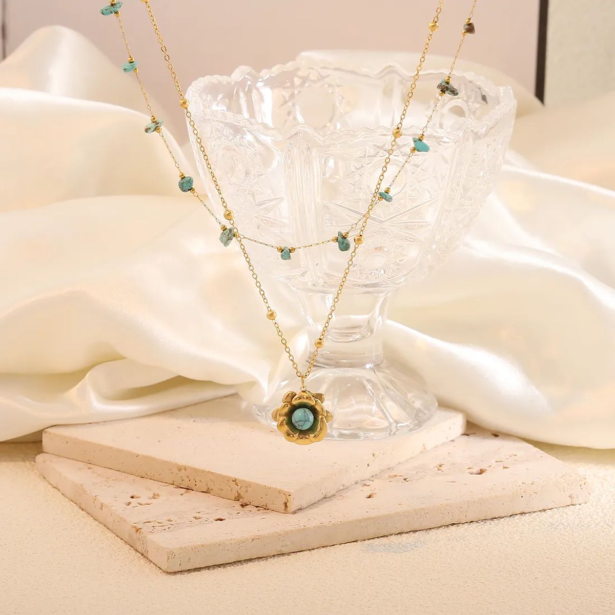 Flower Turquoise Beads Green 18K Gold Stainless Steel Anti Tarnish Dual Layer Link Chain Necklace For Women Main image