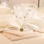 Flower Turquoise Beads Green 18K Gold Stainless Steel Anti Tarnish Dual Layer Link Chain Necklace For Women