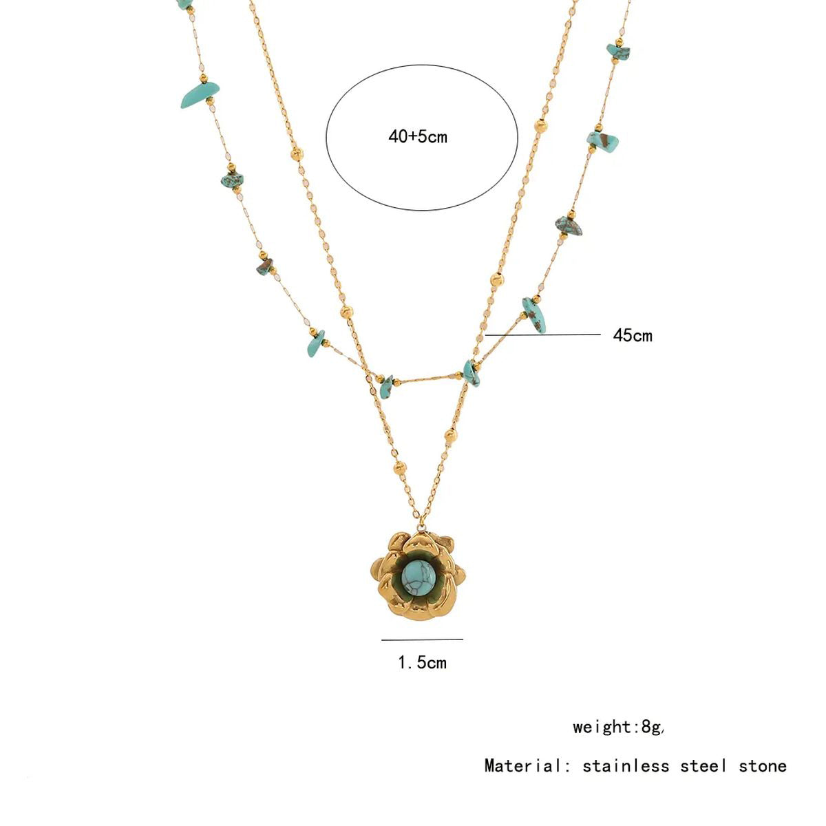 Flower Turquoise Beads Green 18K Gold Stainless Steel Anti Tarnish Dual Layer Link Chain Necklace For Women
