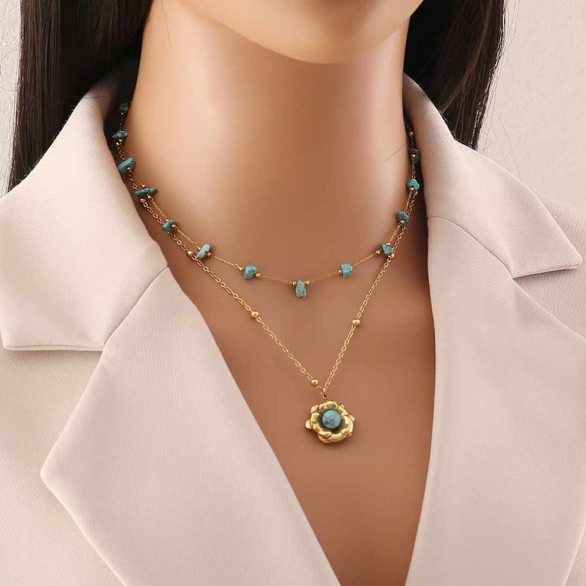 Flower Turquoise Beads Green 18K Gold Stainless Steel Anti Tarnish Dual Layer Link Chain Necklace For Women Secondary image