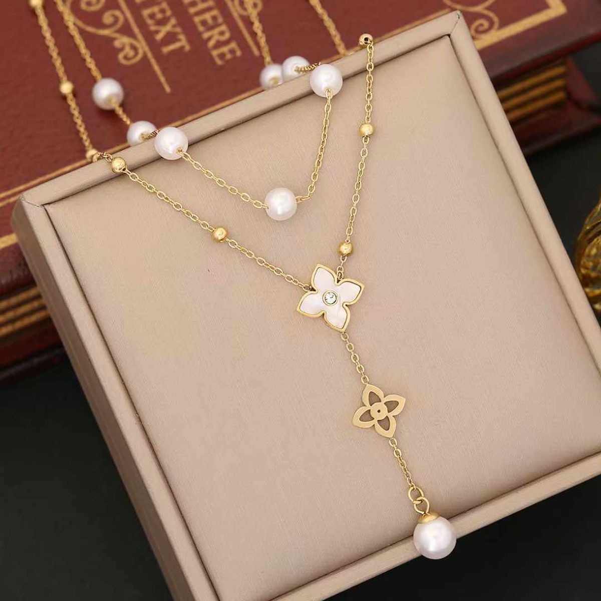 Clover Flower Pearl Cubic Zirconia Mother Of Pearl White 18K Gold Stainless Steel Anti Tarnish Dual Layer Y Necklace For Women Main image