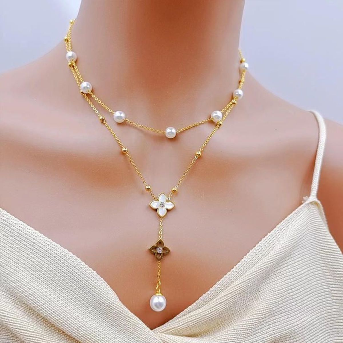 Clover Flower Pearl Cubic Zirconia Mother Of Pearl White 18K Gold Stainless Steel Anti Tarnish Dual Layer Y Necklace For Women Secondary image