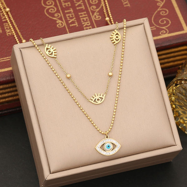 Eyelash Evil Eye Cubic Zirconia Enamel 18K Gold Stainless Steel Anti Tarnish Dual Layer Ball Necklace For Women Main image