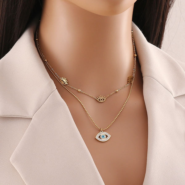 Eyelash Evil Eye Cubic Zirconia Enamel 18K Gold Stainless Steel Anti Tarnish Dual Layer Ball Necklace For Women Secondary image