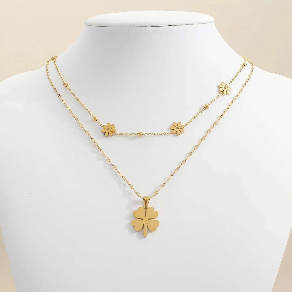 Clover Daisy Flower 18K Gold Stainless Steel Anti Tarnish Dual Layer Necklace For Women