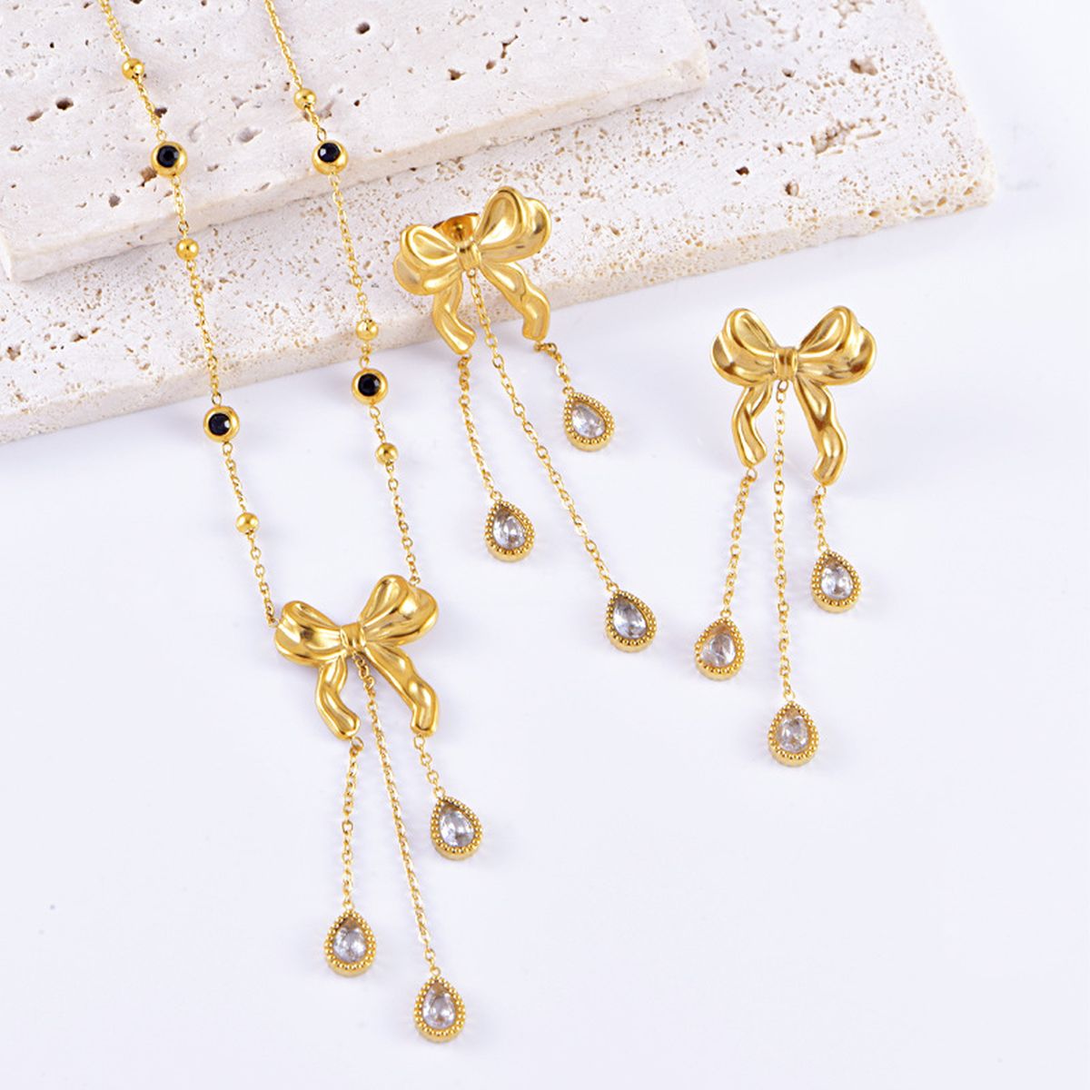 Ribbon CZ Gold Stainless Steel Anti Tarnish Necklace Earring Set Bulk