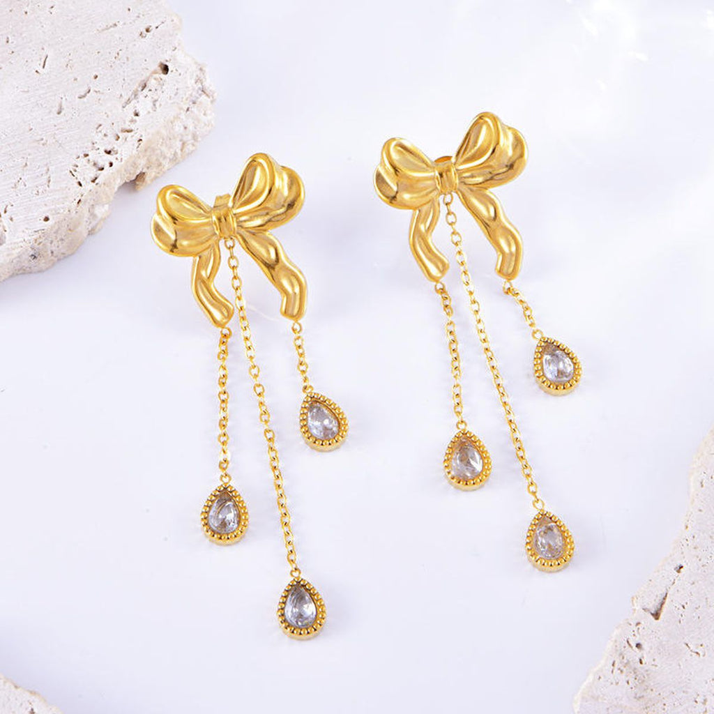 Ribbon CZ Gold Stainless Steel Anti Tarnish Necklace Earring Set Bulk