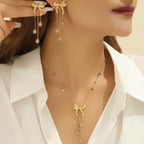 Ribbon CZ Gold Stainless Steel Anti Tarnish Necklace Earring Set Bulk