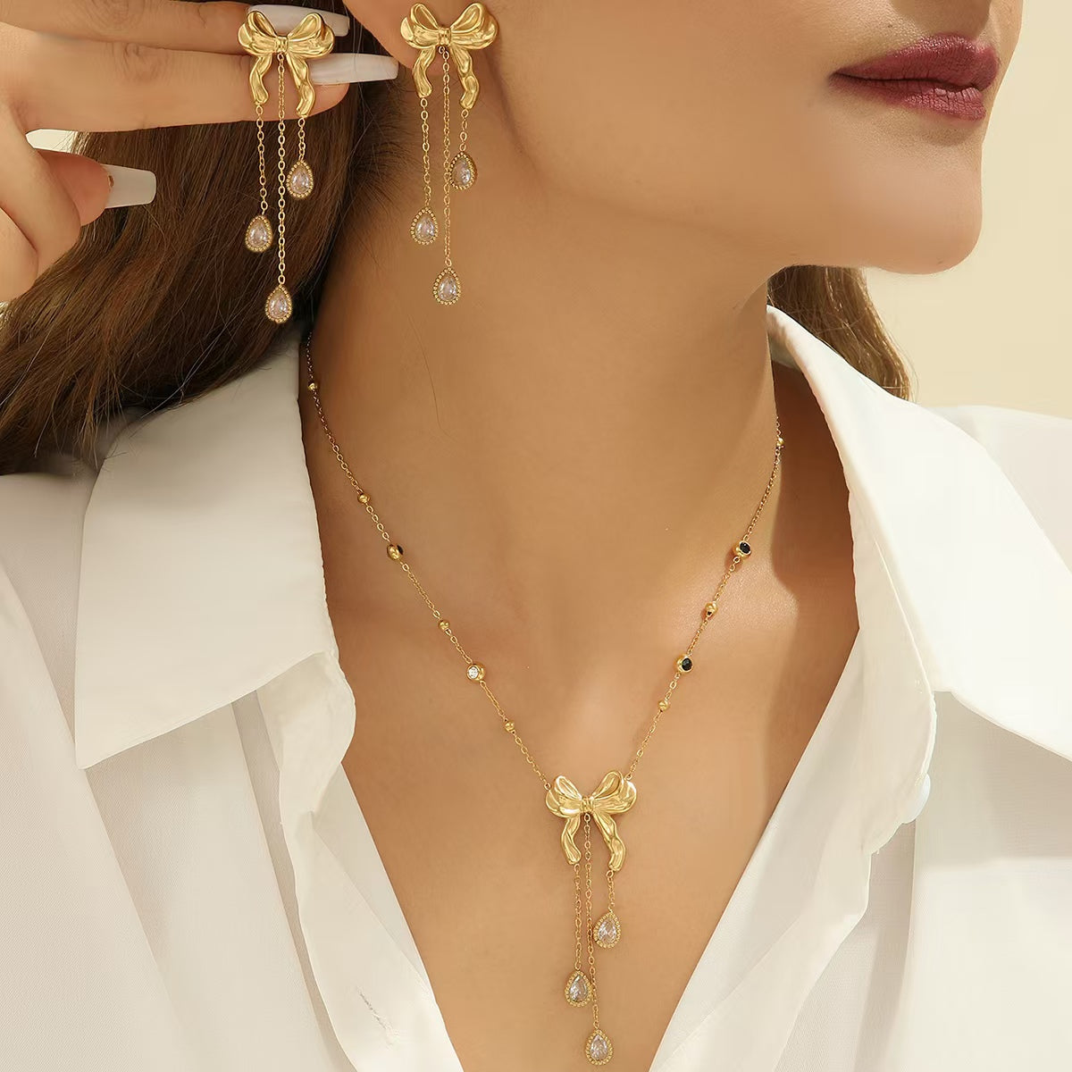 Ribbon CZ Gold Stainless Steel Anti Tarnish Necklace Earring Set Bulk