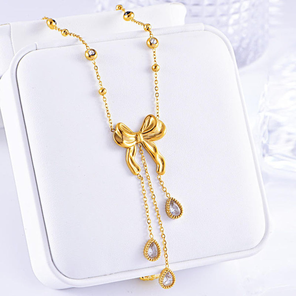 Ribbon CZ Gold Stainless Steel Anti Tarnish Necklace Earring Set Bulk
