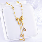 Ribbon CZ Gold Stainless Steel Anti Tarnish Necklace Earring Set Bulk