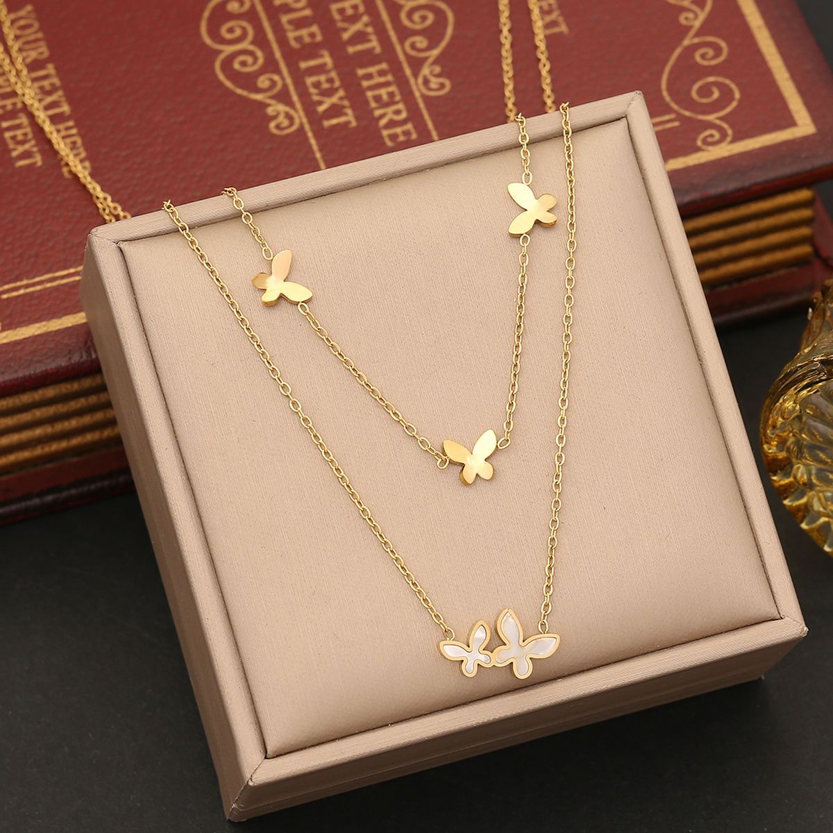 Butterfly Mother Of Pearl 18K Gold Stainless Steel Anti Tarnish Dual Layer Link Chain Necklace For Women Main image