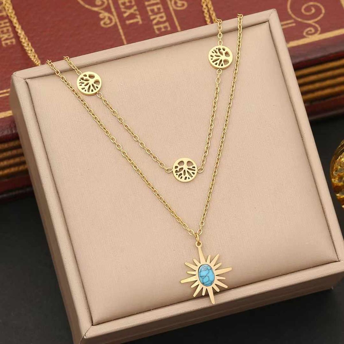 Star Sun Tree Beads 18K Gold Stainless Steel Anti Tarnish Dual Layer Link Chain Necklace For Women Main image