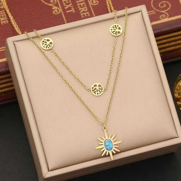 Star Sun Tree Beads 18K Gold Stainless Steel Anti Tarnish Dual Layer Link Chain Necklace For Women Main image