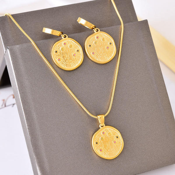 Beaten Medallion Coin 18K Gold Stainless Steel Anti Tarnish Snake Chain Necklace Earring Set For Women Main image