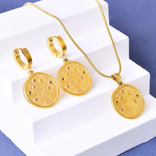 Beaten Medallion Coin 18K Gold Stainless Steel Anti Tarnish Snake Chain Necklace Earring Set For Women Secondary image