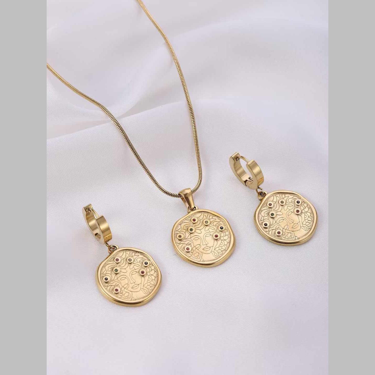 Beaten Medallion Coin 18K Gold Stainless Steel Anti Tarnish Snake Chain Necklace Earring Set For Women
